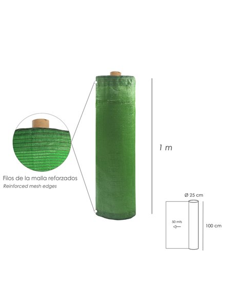 Malla Sombreo Plus 1,0 Metro Verde Rollo 50 Mts. Filo Reforzado Reduce Radiación, Malla Sombra, Malla Ocultacion, Sombra Patios