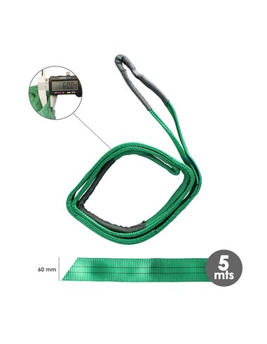 Eslinga Plana Doble Banda 2.000 Kg. Factor Seguridad 7:1, Longitud: 5 Metros Ancho 6 cm. 100% Poliester. Color Verde