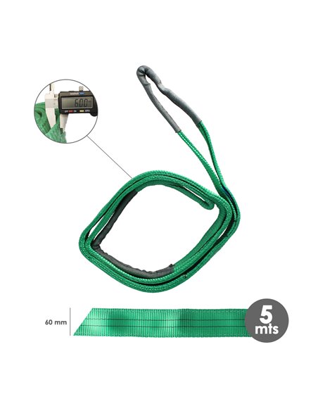 Eslinga Plana Doble Banda 2.000 Kg. Factor Seguridad 7:1, Longitud: 5 Metros Ancho 6 cm. 100% Poliester. Color Verde