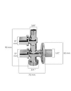 Llave De Escuadra Doble Salida 3/4" y 3/8". Entrada De 1/2". Llave De Paso Doble, Llave Angular Doble, Toma Lavadora Doble. 2