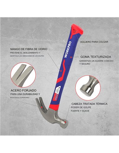 Martillo de carpintero de 225g con mango de fibra de vidrio workpro