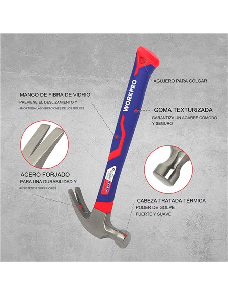 Martillo de carpintero de 225g con mango de fibra de vidrio workpro