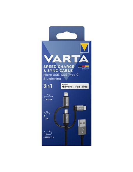 Cable 3 en 1 usb a - lighting - micro usb - tipo c varta