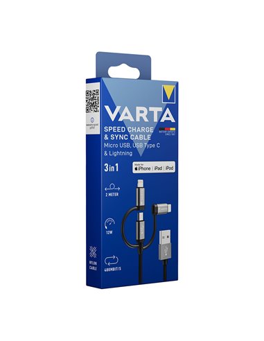 Cable 3 en 1 usb a - lighting - micro usb - tipo c varta