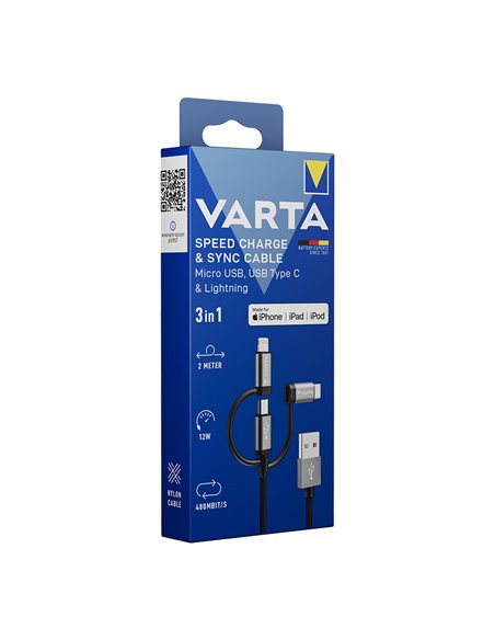 Cable 3 en 1 usb a - lighting - micro usb - tipo c varta