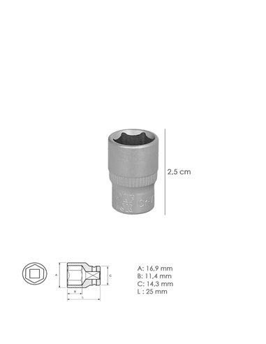 Llave Vaso 1/4" Hexagonal 12 mm. Perfil de 6 caras. Acero Cromo Vanadio, Aristas Redondas