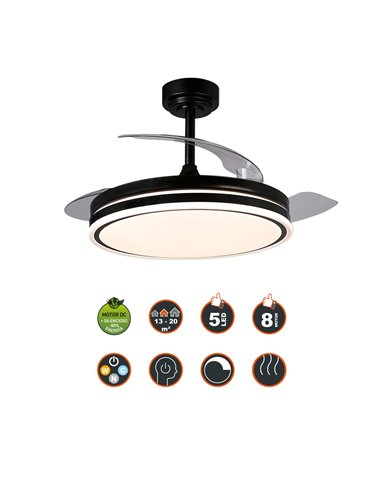 Ventilador LED aspas plegables Moss Negro 72W 7920Lm CCT Dim