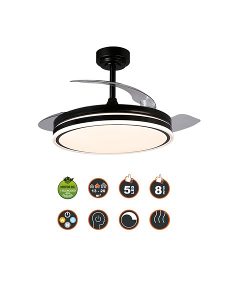 Ventilador LED aspas plegables Moss Negro 72W 7920Lm CCT Dim