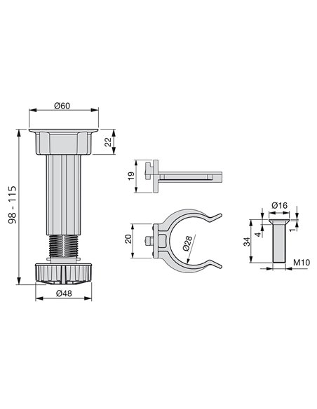 Emuca Piedino regolabile con base pre-assemblata per mobile, 98-115 mm, Plastica, Nero, 40 u.