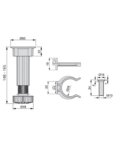 Emuca Piedino regolabile con base pre-assemblata per mobile, 148-165 mm, Plastica, Nero, 40 u.