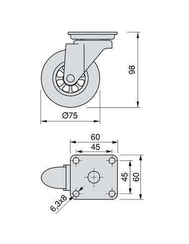 Emuca Ruote Slip con piastra per montaggio, D.75 mm, Acciaio e plastica, Trasparenti, 4 u.
