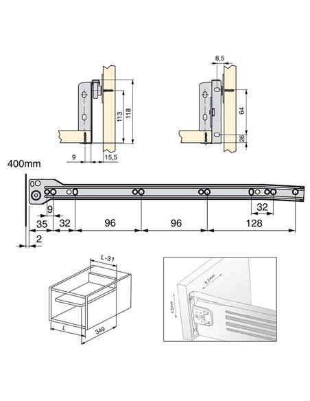 Emuca Schubladen-Kit für Küche Ultrabox, H. 118 mm, T. 400 mm, Stahl, Grau metallic, 10 St.