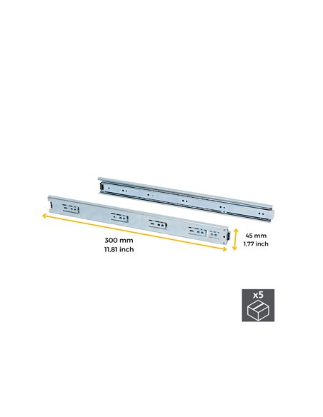 Emuca Kit Guide per cassetti, a sfera, 45x 300 mm, estrazione totale, Zincato, 5 u.