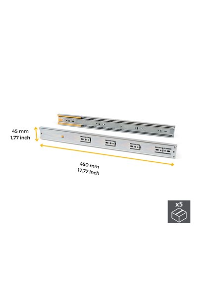 Emuca Kit Guide per cassetti, a sfera, 45 x 450 mm, estrazione totale, chiusura soft, Zincato, 5 u.