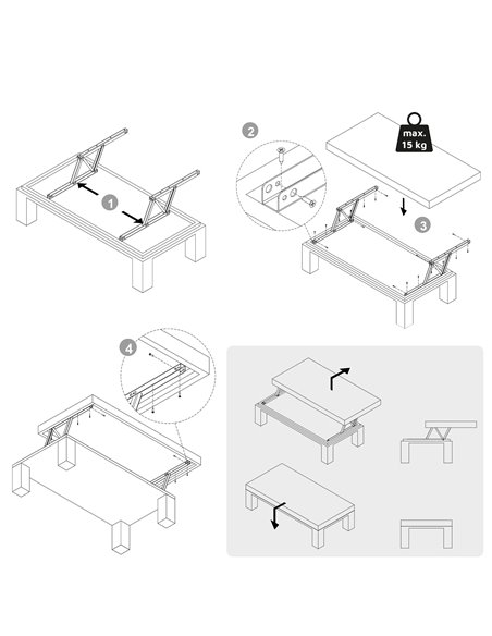 Emuca Juego de mecanismos elevables para mesas de centro, permite elevar la mesa 192mm, Acero, Pintado negro