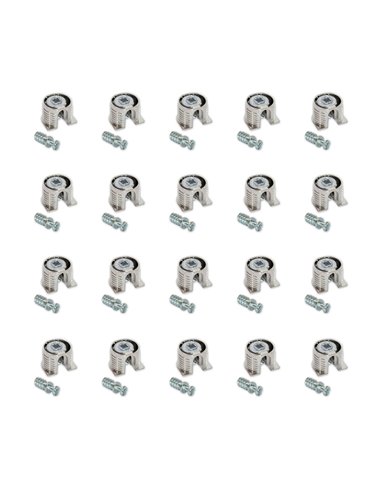 Emuca Lote de 20 enganches y pernos para la fijación estantes, Enganches diámetro 20mm, 12.5mm, Pernos diámetro 6mm, 8mm, Zamak 