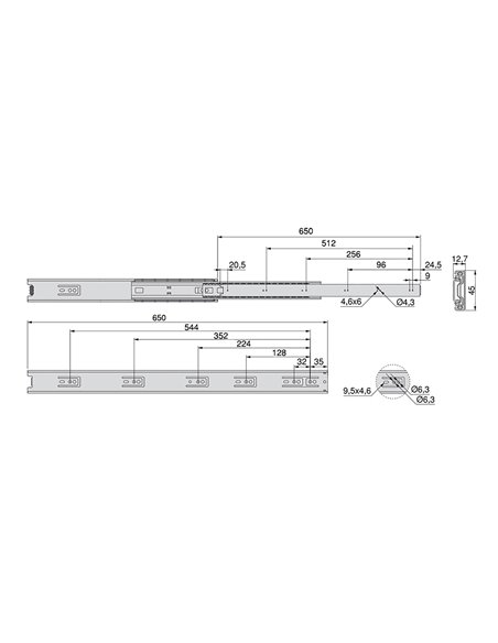 Emuca Kit Guide per cassetti, a sfera, 45x 650 mm, estrazione totale, Zincato