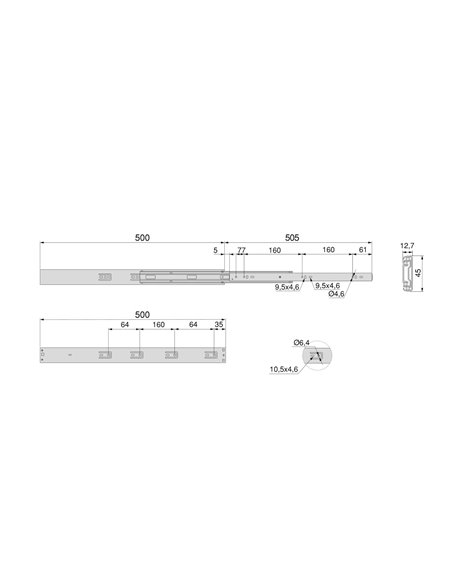 Emuca Set guide per cassetti, sfera, 45 x 500 mm, estrazione totale, con push, chiusura ammortizzata, zincato, 5 pz.