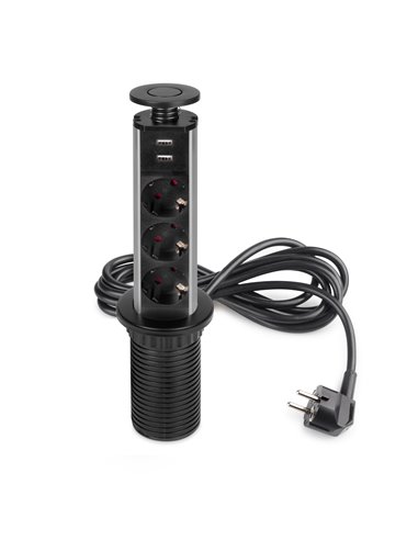 Emuca Multiconector extraíble Vertikal, 3 enchufes tipo Schuko, 2 USB tipo A, Plástico y Aluminio, Pintado negro