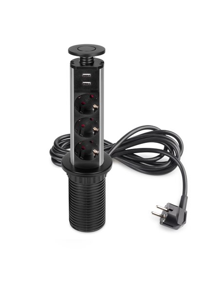 Emuca Multiconector extraíble Vertikal, 3 enchufes tipo Schuko, 2 USB tipo A, Plástico y Aluminio, Pintado negro