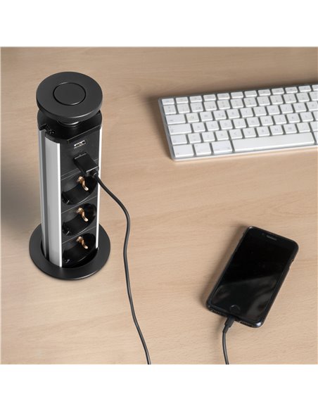 Emuca Multiconector extraíble Vertikal, 3 enchufes tipo Schuko, 2 USB tipo A, Plástico y Aluminio, Pintado negro
