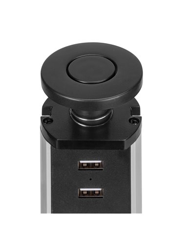 Emuca Multiconector extraíble Vertikal, 3 enchufes tipo Schuko, 2 USB tipo A, Plástico y Aluminio, Pintado negro