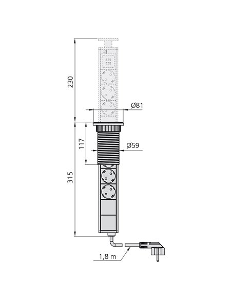 Emuca Multiconector extraíble Vertikal, 3 enchufes tipo Schuko, 2 USB tipo A, Plástico y Aluminio, Pintado negro