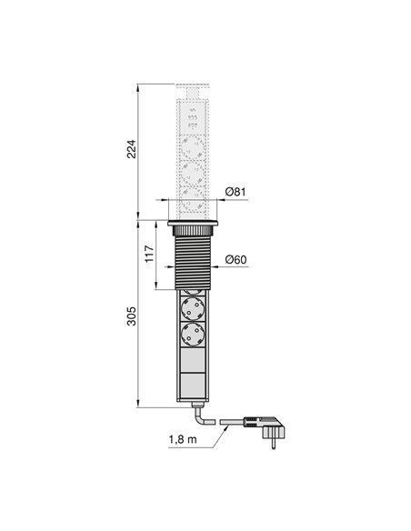 Emuca Multiconector extraíble Vertikal, 3 enchufes tipo Schuko, 1 USB tipo A, 1 USB tipo C, Plástico y Aluminio, Gris metalizado