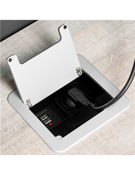 Multiconector Emuca para desktop Atom 14, 130x115mm, 1 plugue tipo Schuko, 2 USB tipo A, 1 HDMI, Aço e Plástico e Alumínio EMUCA