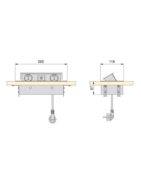 Emuca Multiconector para escritorio Atom 26 Lite, 225x111mm, 2 enchufes tipo Schuko, 1 USB tipo A, 1USB tipo C, Zamak-Acero-Plás