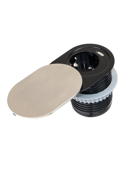 1 plug with 1 USB, recessed, with lid, Schuko plug, Steel and Plastic, Stainless steel