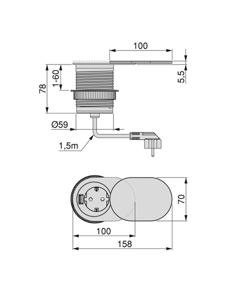 1 plug with 1 USB, recessed, with lid, Schuko plug, Steel and Plastic, Stainless steel