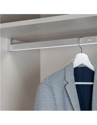 Emuca Hanging wardrobe bar with LED light, adjustable 1.008-1.158 mm, removable battery,motion sensor, Natural White light, Alum