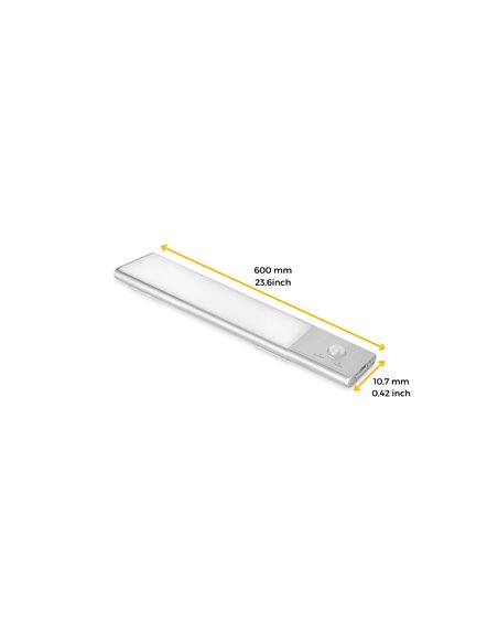 Emuca Kaus LED light rechargeable by USB and with motion sensor, L 600 mm, Matt anodized, Plastic and Aluminium