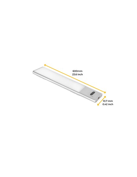 Emuca Kaus LED light rechargeable by USB and with switch, L 600 mm, Matt anodized, Plastic and Aluminium