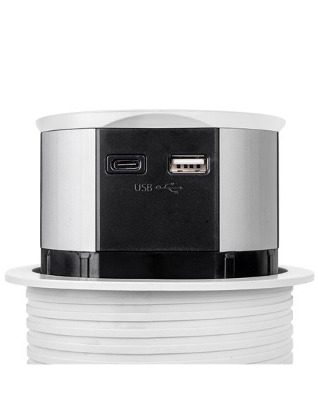 Emuca Multiconector extraíble Vertikal Push diámetro 100mm, 3 enchufes tipo Schuko, 1 USB tipo A, 1 USB tipo C, Acero y Plástico