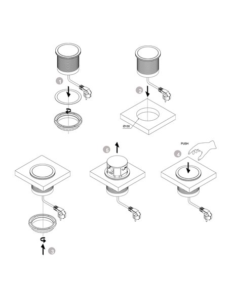 Emuca Multiconector extraíble Vertikal Push diámetro 100mm, 3 enchufes tipo Schuko, 1 USB tipo A, 1 USB tipo C, Acero y Plástico