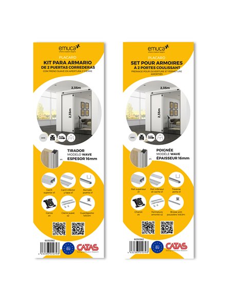 Emuca Kit de ferragens para roupeiro com 2 portas de correr e fecho suave Placard 81, perfil ondulado, espessura 16mm, tábuas nã
