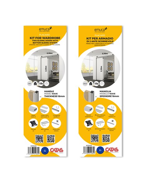 Emuca Kit de herrajes para armario de 2 puertas correderas y cierre suave Placard 81, perfil Wave, espesor 18mm, tableros no inc
