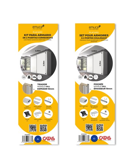 Emuca Kit Ferragens para roupeiro com 2 portas de correr e fecho suave Placard 90, perfil Vall, espessura 19mm, tábuas não inclu