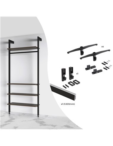 Emuca Kit de suporte para 4 prateleiras de madeira e 1 barra suspensa comprimento 1m Zero, Alumínio e Zamak e Plástico, Pintado 