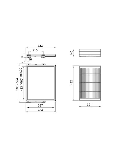 Emuca Kit of wire basket and rack with soft-close slide for closets, adjustable, module 600mm, Textured black painted