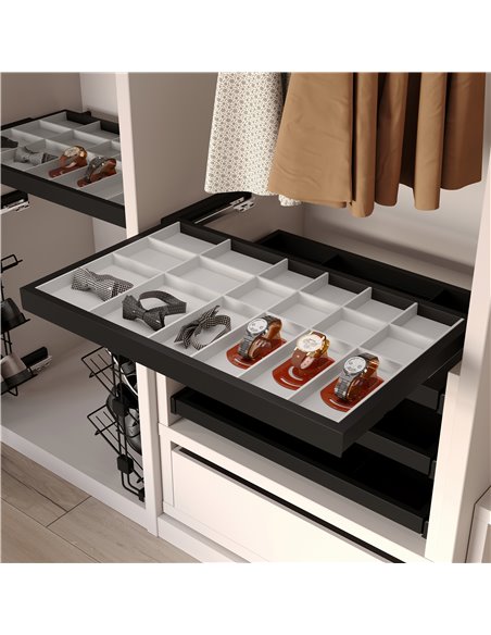 Emuca Kit organizador de gavetas e moldura guia com fecho suave para roupeiro, regulável, módulo 600mm, preto texturizado yg EMU