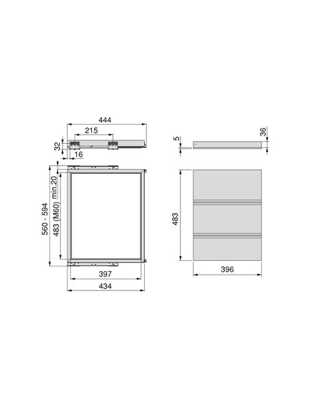 Emuca Kit vassoio e telaio con guide a chiusura morbida per armadio, regolabile, modulo 600mm, Grigio pietra