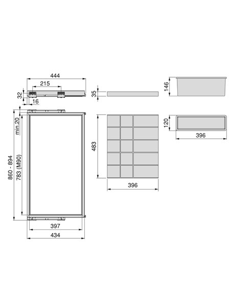 Emuca Kit cassetto organizzatore con vassoio ausiliario e telaio con guide a chiusura morbida per armadio, regolabile, modulo 90