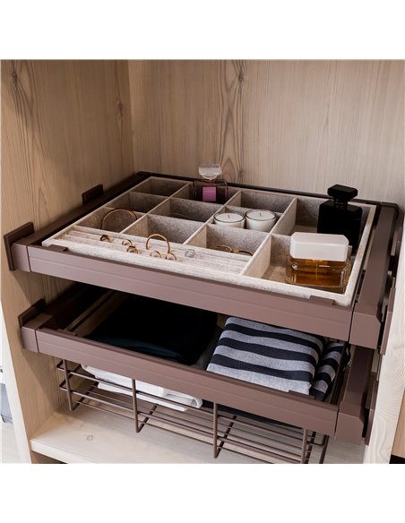 Emuca Jewelry organizer drawer kit and runner frame, adjustable, 800 mm unit, Steel and aluminium, Mocha color