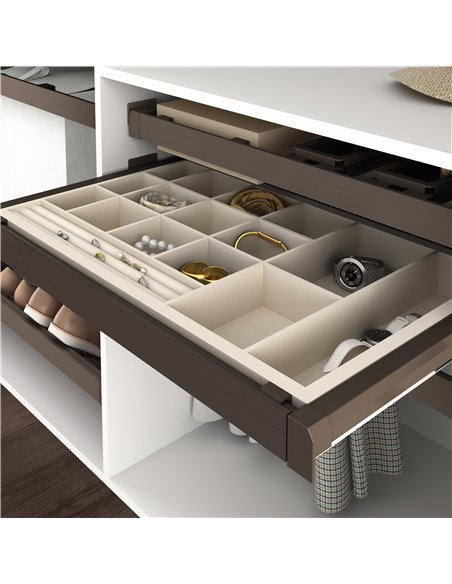 Emuca Jewelry organizer drawer kit and runner frame, adjustable, 800 mm unit, Steel and aluminium, Mocha color