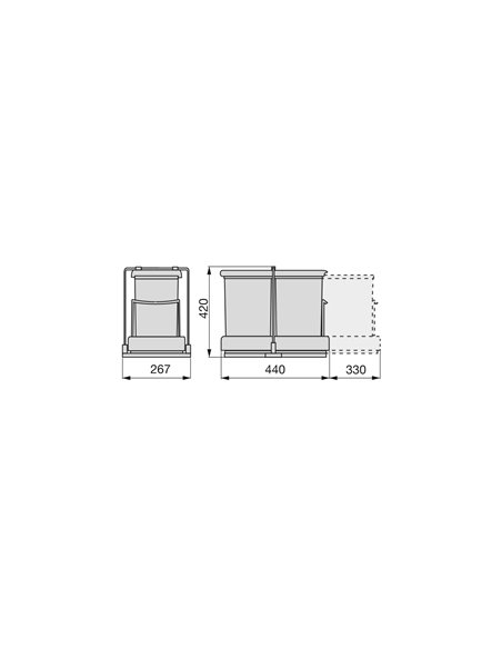 Emuca Recycling bin, bottom fastening, automatic extraction and lid, 2 containers with 14 litres, Plastic, Grey