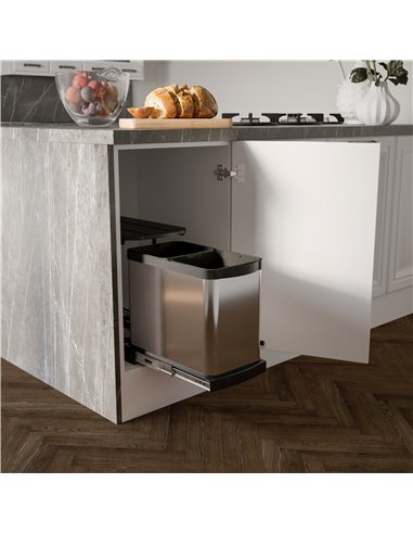Emuca Contenedor de reciclaje para fijación inferior y extracción manual/automática en mueble de cocina Recycle Inox 2x12litros,