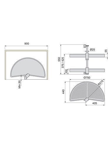 Emuca 1/2 circle rotating trays for kitchen cabinets, 180º, 900 mm unit, Plastic, White